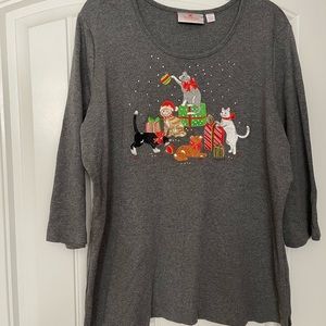 Quacker Factory Christmas Kitten Cat 3/4 Sleeve Shirt Size Large & 2X